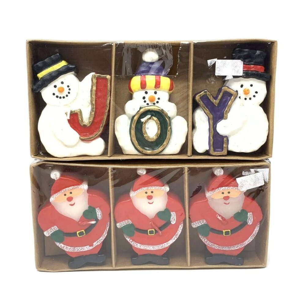 Christmas Candles Snowman JOY Santa Claus Figural Set of 6 Small Tea Lights